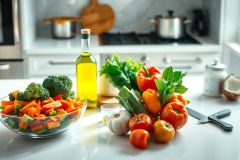 Fresh vegetables like broccoli, carrots, peppers, tomatoes, and garlic are arranged on a kitchen counter with olive oil. A blurred background shows pots and a stove. Healthy food, cooking, and kitchen ingredients are key elements in this vibrant, colorful scene.
