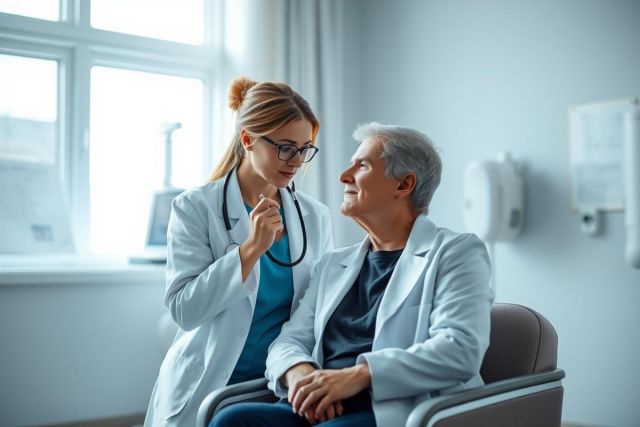 Doctor examining an elderly patient during a medical consultation. A young female doctor wearing a white coat and stethoscope listens to a senior woman seated in a chair within a bright, modern healthcare setting. Focus on patient care and wellness.