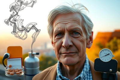 The image features an older man standing outdoors at sunset. He is positioned in front of a scenic backdrop, possibly mountains or cliffs, with the sky transitioning from daylight to twilight hues. The man appears to be posing for the photograph with a slight smile and his gaze directed towards the camera. On either side of him are various objects that suggest he might be involved in some form of scientific or medical activity; these include test tubes, pipettes, a compound microscope, a measuring tape, and several bottles that could contain liquids or medications. The objects and the man's attire contribute to an atmosphere of intellectual pursuit or research.