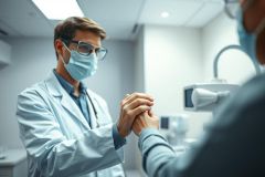 Doctor in white coat and mask comforts a patient in a modern dental clinic. Close-up shows supportive gesture with hands. Blue and gray tones dominate the healthcare setting, conveying trust and professionalism. Focus on patient care and medical consultation.