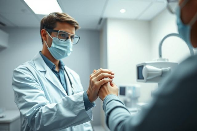 Doctor in white coat and mask comforts a patient in a modern dental clinic. Close-up shows supportive gesture with hands. Blue and gray tones dominate the healthcare setting, conveying trust and professionalism. Focus on patient care and medical consultation.