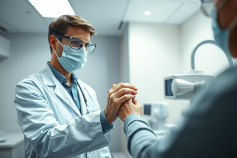 Doctor in white coat and mask comforts a patient in a modern dental clinic. Close-up shows supportive gesture with hands. Blue and gray tones dominate the healthcare setting, conveying trust and professionalism. Focus on patient care and medical consultation.