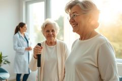 Two smiling elderly women, one using a cane, are seen in a bright, sunlit healthcare setting. A doctor is blurred in the background. Image depicts senior care, wellness, and positive aging with warm, natural light and a focus on joyful moments.