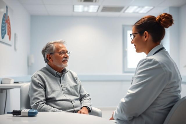 Doctor consults with an elderly patient in a bright, modern medical office. The scene depicts a healthcare check-up with a focus on patient care and wellness. Colors are predominantly white and blue, creating a clean and professional atmosphere. An anatomical chart of lungs is visible in the background.