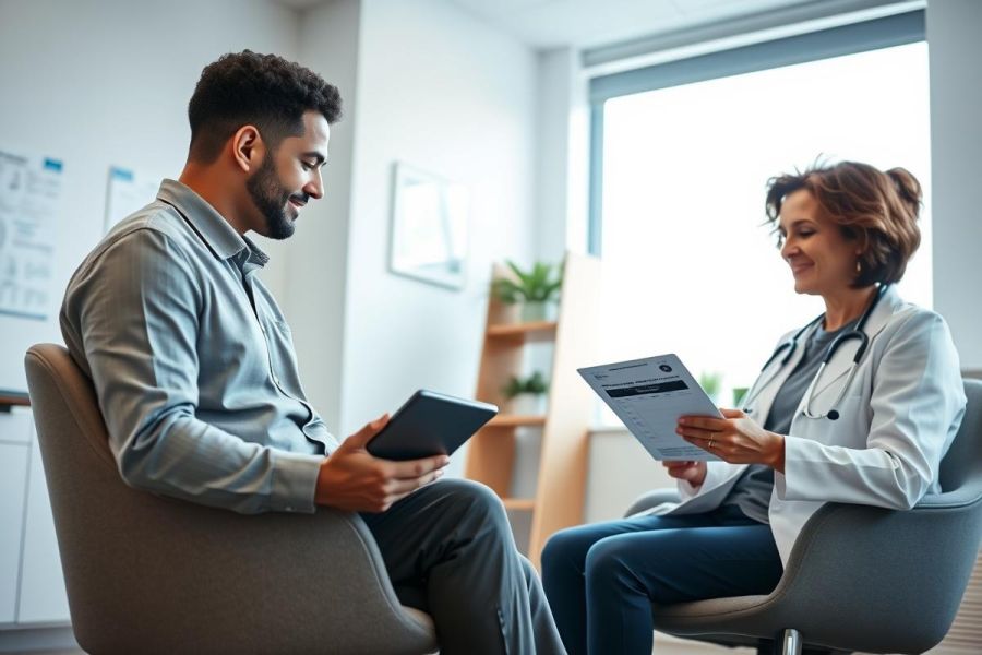 Doctor and patient consultation in a bright, modern clinic. The female doctor, wearing a white coat and stethoscope, reviews paperwork while a male patient holds a tablet. Healthcare, medical appointment, and patient care themes are evident in this professional setting.