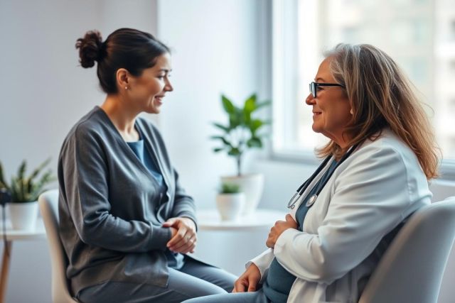 Doctor and patient consultation. A female doctor in a white coat and glasses speaks with a patient in a bright, modern healthcare setting. Natural light and greenery create a calming atmosphere. Focus on healthcare, medical consultation, and patient care.
