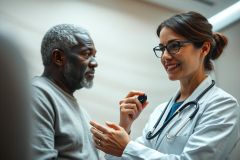 Doctor examining senior patient in a medical office. A female doctor with a stethoscope is consulting with an older African American man. The scene conveys healthcare, wellness, and patient care in a bright, neutral-toned clinical setting. Focus on professional medical consultation.