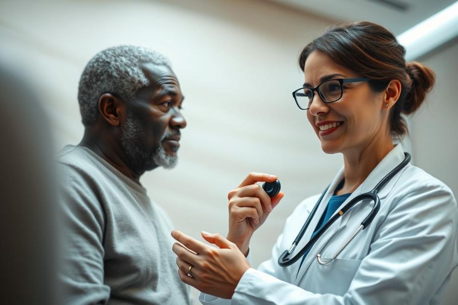 Doctor examining senior patient in a medical office. A female doctor with a stethoscope is consulting with an older African American man. The scene conveys healthcare, wellness, and patient care in a bright, neutral-toned clinical setting. Focus on professional medical consultation.