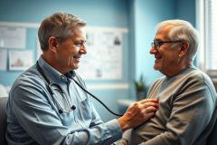 Doctor examining senior patient with stethoscope in a bright blue medical office. Healthcare checkup, wellness, and preventative medicine. Positive doctor-patient interaction, showing care and concern.