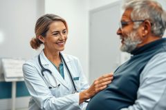 Doctor examining a senior patient in a bright, modern clinic. The female doctor in a white coat uses a stethoscope, showing care and professional healthcare. Focus on patient consultation and wellness.