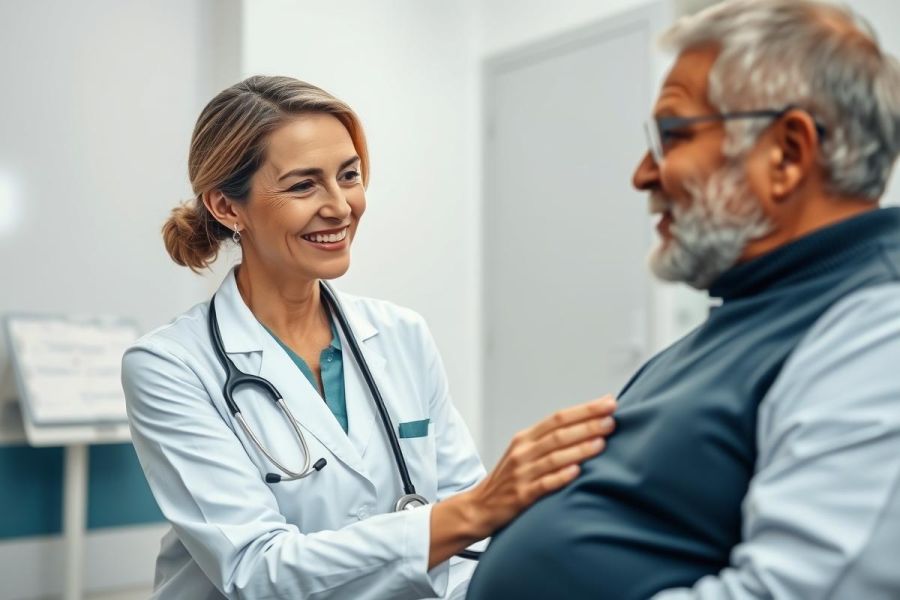 Doctor examining a senior patient in a bright, modern clinic. The female doctor in a white coat uses a stethoscope, showing care and professional healthcare. Focus on patient consultation and wellness.