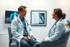 Doctor and patient consultation in a modern medical office. A male doctor in a white coat discusses results with a female patient, with X-ray images displayed on a screen and framed on the wall. Healthcare, medical examination, and patient care themes are present.