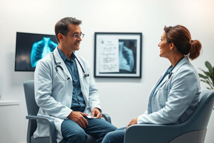 Doctor and patient consultation in a modern medical office. A male doctor in a white coat discusses results with a female patient, with X-ray images displayed on a screen and framed on the wall. Healthcare, medical examination, and patient care themes are present.