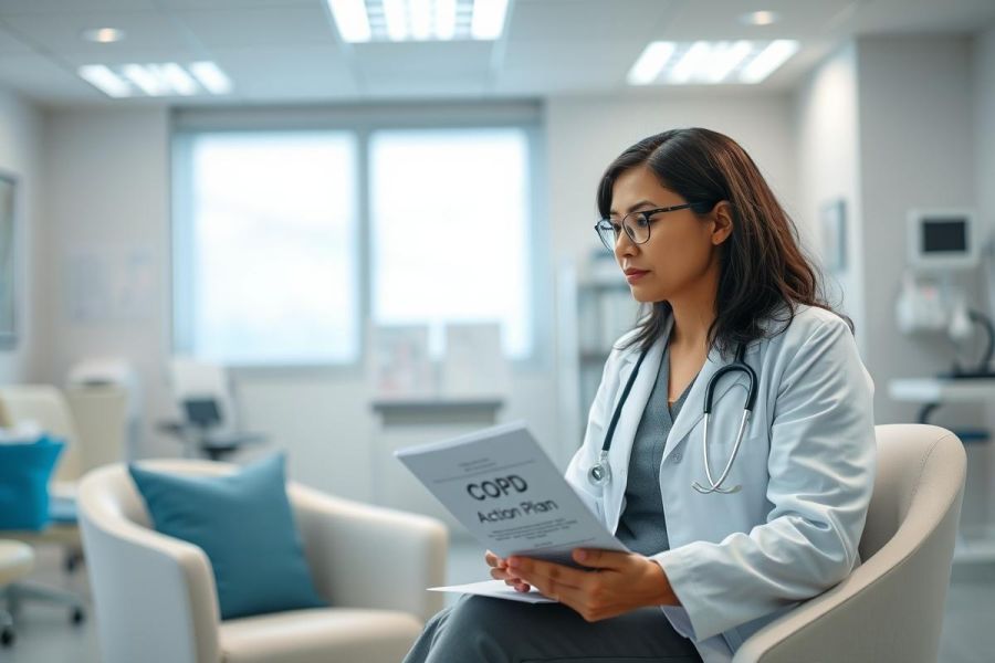 A female doctor in a white coat and glasses reviews a COPD action plan in a bright, modern clinic setting. The image features a medical professional, healthcare, and patient care concepts with a focus on respiratory health and treatment plans. Blue and white tones dominate the scene.