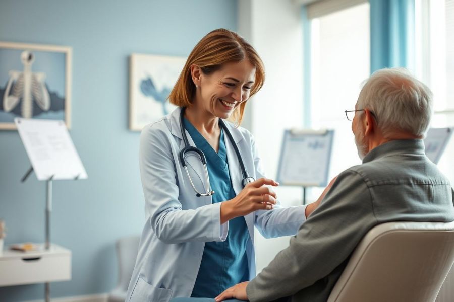 Friendly female doctor in a blue scrubs coat examines a senior patient in a bright, modern clinic. Healthcare consultation, medical check-up, and patient care are evident in this warm, reassuring scene.