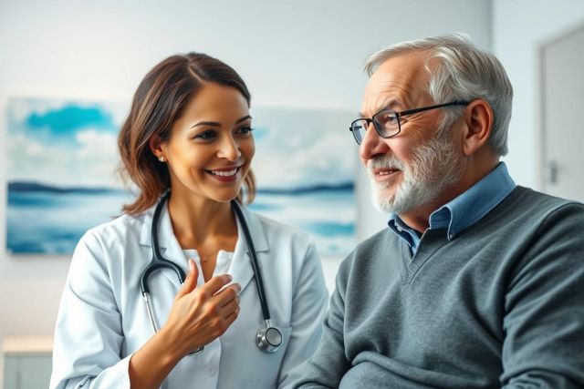 Doctor consults with an elderly patient in a bright, modern clinic. The image features a smiling female physician wearing a stethoscope, engaged in a conversation with a senior man. Blue and white tones dominate the scene, conveying a sense of trust and healthcare professionalism.