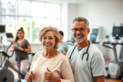 Happy senior woman and doctor in a bright, modern gym. They're smiling and giving a thumbs up, surrounded by exercise equipment and other gym-goers. Focus on health, fitness, and wellness for older adults.