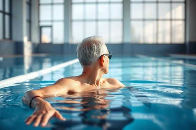 Senior man swimming in a bright, indoor pool. He wears sunglasses and relaxes in the blue water, viewed from behind. Focus on health, fitness, and active aging lifestyle.