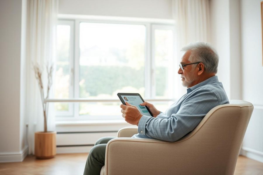 Senior man using a tablet in a bright, modern living room. He's wearing glasses and seated comfortably near a large window with greenery visible outside. Warm beige tones and natural light create a relaxed atmosphere. Focus on technology use and senior lifestyle.