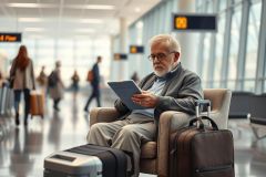 Older gentleman with grey hair and glasses sits in an airport chair, using a tablet. Surrounded by blurred travelers and luggage, the scene depicts a modern airport environment with neutral tones and digital signage. Travel, technology, and senior lifestyle themes are present.