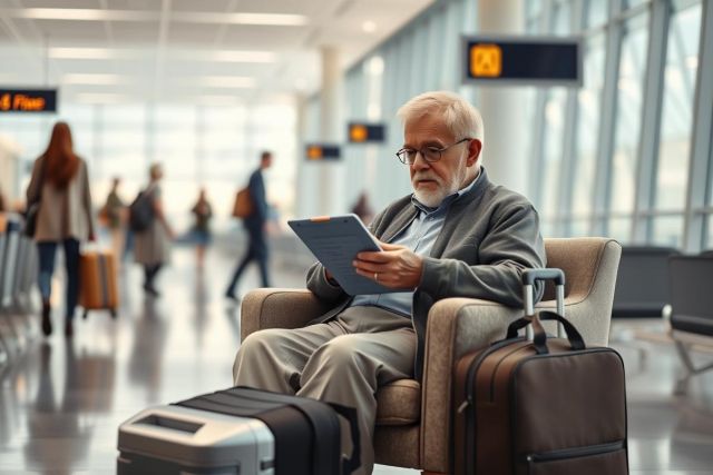 Older gentleman with grey hair and glasses sits in an airport chair, using a tablet. Surrounded by blurred travelers and luggage, the scene depicts a modern airport environment with neutral tones and digital signage. Travel, technology, and senior lifestyle themes are present.
