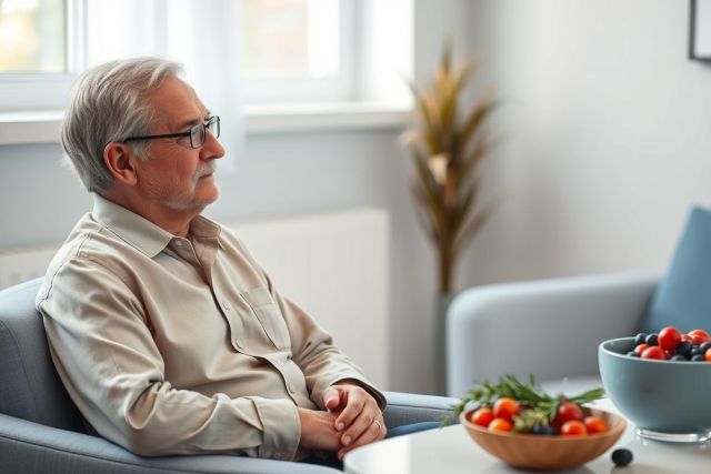 Senior man in glasses thoughtfully sitting in a modern living room. He's wearing a beige shirt and appears relaxed in a blue armchair. Bowls of fresh berries and fruit are on a nearby table, suggesting healthy living and retirement lifestyle. Bright, natural light fills the room.