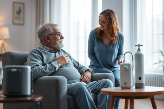 Senior man receiving home healthcare from a young woman in a bright, modern living room. Medical equipment, including an oxygen concentrator, is visible. Warm colors and a comforting atmosphere depict elder care and wellness at home.