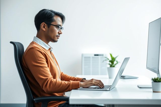 Man working at a laptop in a modern office. He's wearing glasses and an orange sweater, focused on his computer. Bright, clean workspace with plants and a monitor. Stock photo of remote work and productivity.
