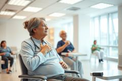 Healthcare seminar or workshop. A diverse group of adults, including a woman in scrubs with a stethoscope, are seated in a bright, modern medical facility. Focus on learning and health education, with a calm and professional atmosphere. Blue and neutral tones dominate the scene.
