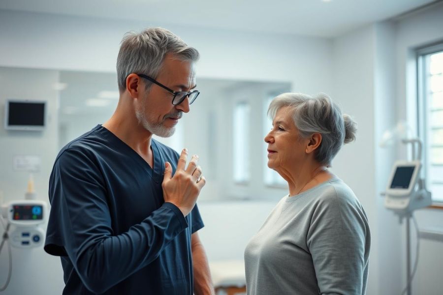 Doctor consults with an elderly patient in a modern, bright medical clinic. The scene features a gray-haired doctor in scrubs and a senior woman, suggesting a healthcare checkup or discussion. Clean white walls and medical equipment are visible.