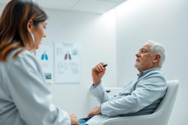 Doctor consults with elderly patient in a bright, modern clinic. The scene features a female healthcare professional and a senior man discussing health concerns, with lung X-rays visible on the wall. Focus on medical care and senior health.
