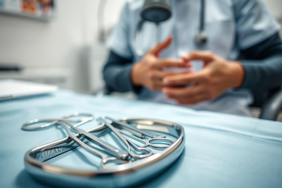 Surgical instruments on a blue medical tray in a clinic setting. A doctor in scrubs is blurred in the background. Focus on stainless steel tools, healthcare, and medical equipment. Blue and silver tones.