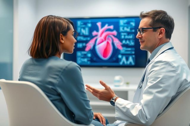 Doctor consults with a patient in a modern medical office. A heart diagram is displayed on a screen behind them, suggesting a cardiology or health discussion. The scene features cool tones and a professional setting, highlighting healthcare and patient care.