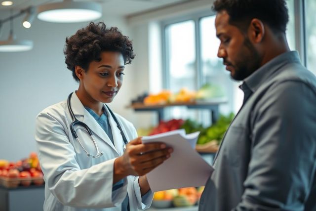 Doctor consults with patient in a bright, modern clinic setting. A healthcare professional wearing a white coat and stethoscope reviews documents with a man. Focus on health, wellness, and medical consultation with a natural light backdrop and warm tones. 