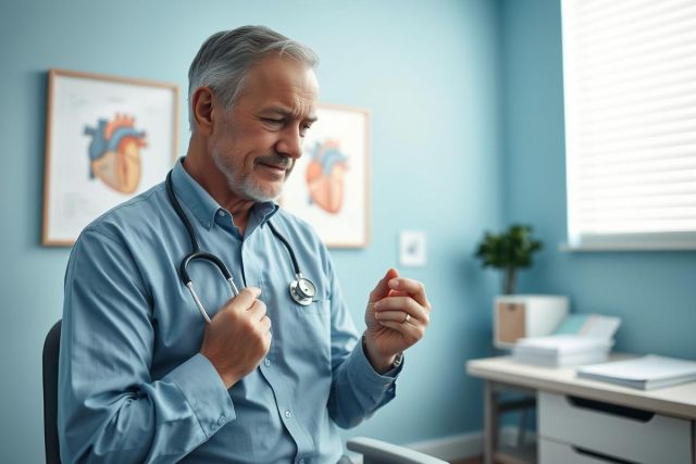 Mature male doctor in a blue exam room holding pills, stethoscope visible. Medical healthcare concept, focused on cardiology with heart diagrams on the wall. Represents prescriptions, treatment, and patient care.
