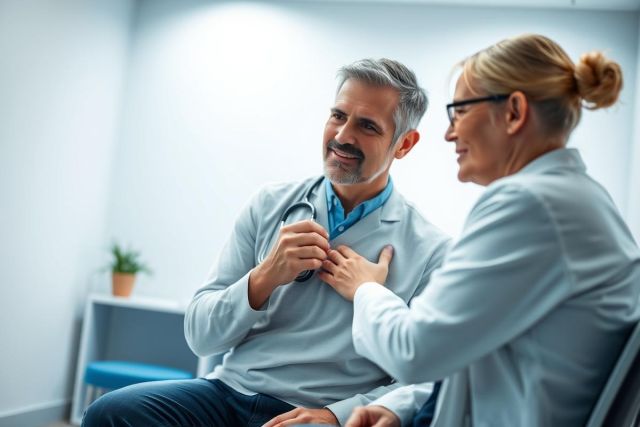 Doctor consultation in a modern medical office. A male doctor in a light gray coat and stethoscope is speaking with a female patient wearing glasses. The setting features cool blue and white tones, suggesting a clean and professional healthcare environment. Focus on patient care and medical discussion.
