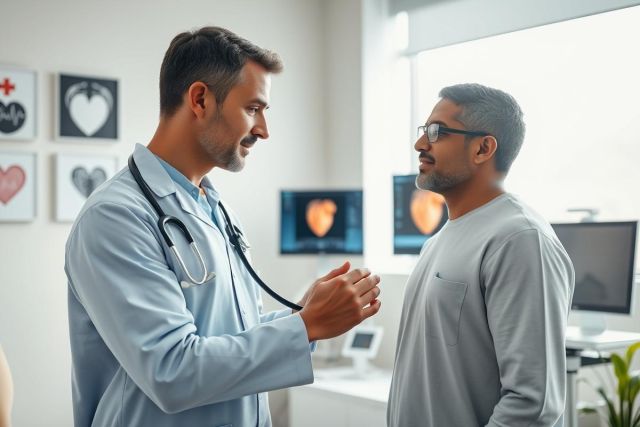 Doctor examining patient in a modern clinic. A male physician in a blue coat uses a stethoscope while consulting with a patient. The setting includes medical displays and artwork, suggesting a healthcare environment. Warm, neutral tones dominate the scene.
