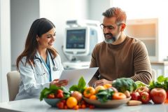 Doctor consults with patient about healthy eating. Image shows a medical professional reviewing paperwork with a man surrounded by fresh fruits and vegetables in a bright clinic setting. Focus on nutrition, healthcare, and wellness.