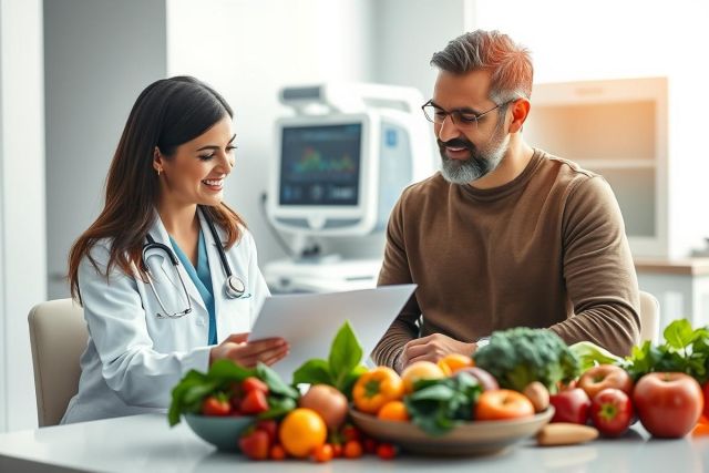 Doctor consults with patient about healthy eating. Image shows a medical professional reviewing paperwork with a man surrounded by fresh fruits and vegetables in a bright clinic setting. Focus on nutrition, healthcare, and wellness.