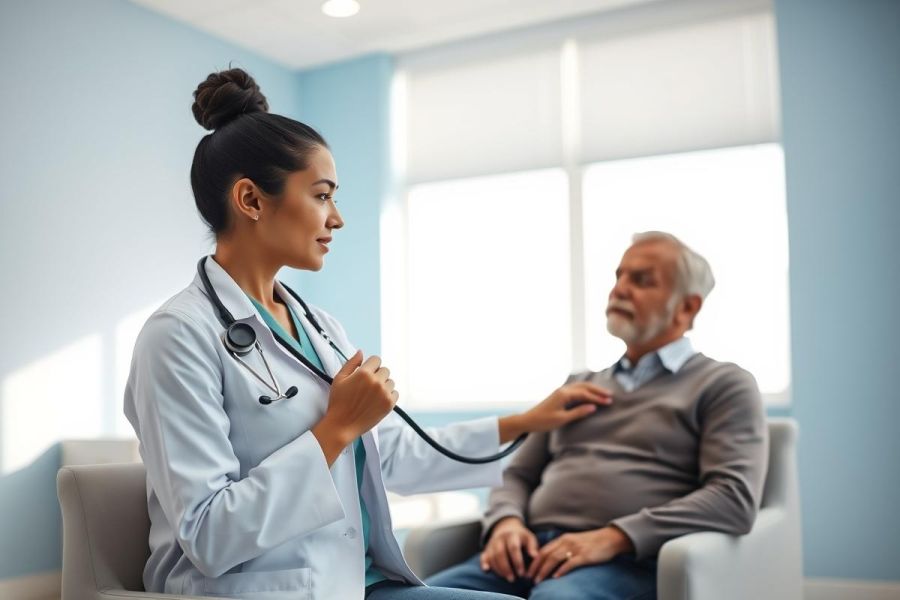 Doctor examining an elderly patient with a stethoscope in a bright, modern medical office. Focus on healthcare, patient care, and wellness. Blue and white tones create a calming atmosphere. Represents medical checkup and senior health.