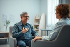 Senior man with glasses and a warm smile sits in a comfortable chair, appearing to share a heartfelt moment during what seems to be a therapy or counseling session. The scene takes place in a bright, modern office with calming blue tones and a focus on wellbeing and mental health support.