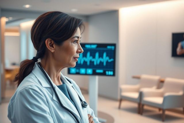Female doctor in a modern hospital setting. She wears a white coat and stethoscope, looking thoughtfully at a monitor displaying a heartbeat waveform. The scene features neutral colors and a clean, professional environment representing healthcare and medical technology.