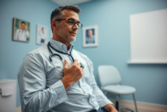 Male doctor in a blue examination room wearing glasses and a stethoscope. He is seated with his hand on his chest, appearing thoughtful. Portraits hang on the wall alongside a whiteboard. Healthcare professional, medical office setting.