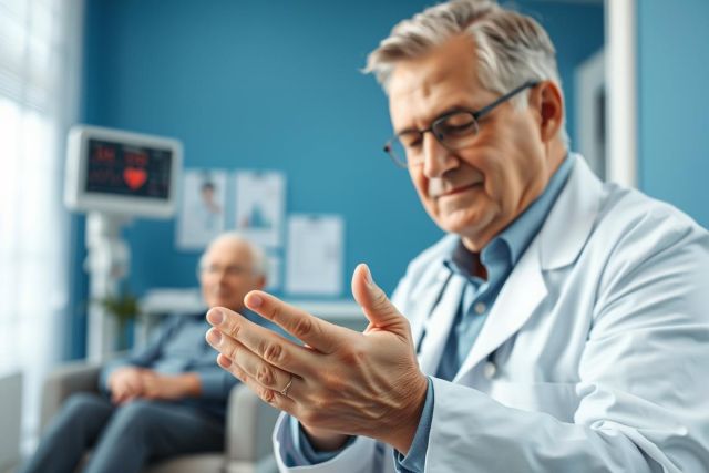 Doctor examining an elderly patient in a bright blue medical office. Focus on the physician's hands and glasses. Healthcare, senior care, consultation, and medical checkup themes present. Heart monitor visible in background.