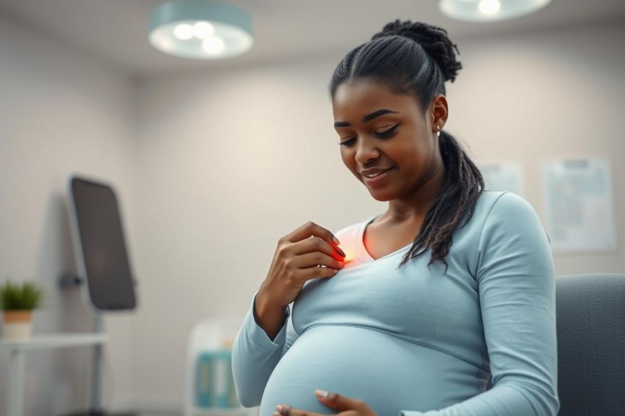 Pregnant Black woman in a medical office taking a red supplement pill. She's smiling gently and touching her baby bump. The setting is a bright, modern clinic with a computer and plant visible. Keywords: pregnancy, prenatal vitamins, healthcare, expectant mother, supplements, wellness.