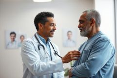 Doctor examining patient in a bright, modern medical office. The physician, wearing a white coat and stethoscope, listens to the patient's heart. Image depicts healthcare, checkup, and patient care with a focus on positive doctor-patient interaction.