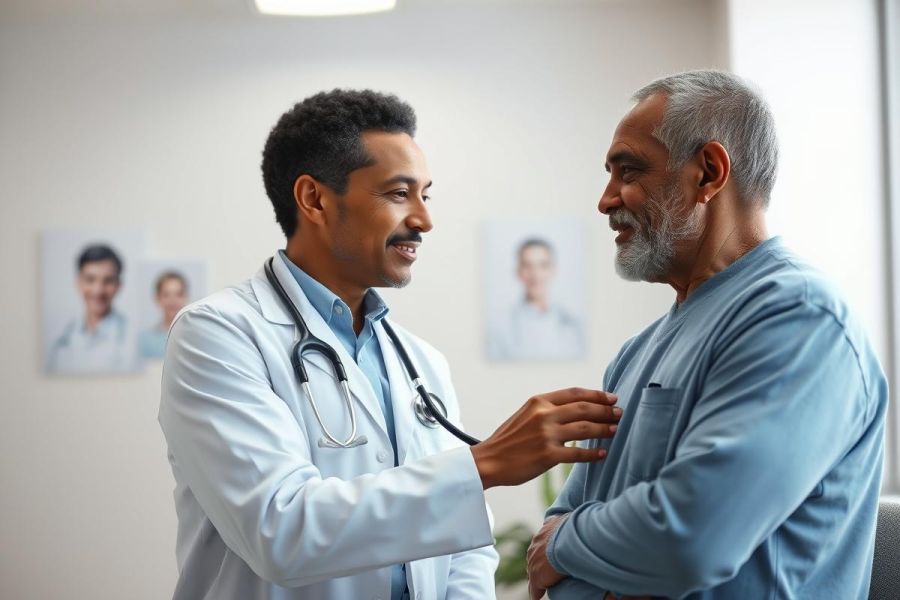 Doctor examining patient in a bright, modern medical office. The physician, wearing a white coat and stethoscope, listens to the patient's heart. Image depicts healthcare, checkup, and patient care with a focus on positive doctor-patient interaction.