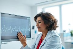 Doctor examining an ECG heart monitor in a bright, modern medical clinic. The female physician in a white coat reviews patient data displayed on the screen. Healthcare, cardiology, and diagnostic imagery are key themes. 