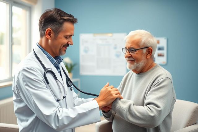 Doctor examining elderly patient in a bright, blue-toned clinic. Healthcare professional with stethoscope comforts senior man during appointment. Focus on patient care, medical consultation, and wellness. Warm, reassuring scene.