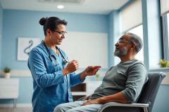 Healthcare scene: A female doctor in blue scrubs examines an elderly Black man in a light blue medical office. Focus on patient care, senior health, and medical checkup in a bright, modern setting.